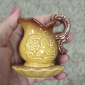 Vintage Ceramic Vase with Saucer - Brown and Yellow